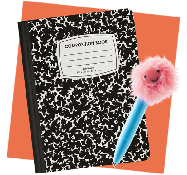 composition notebook with fluffy pen